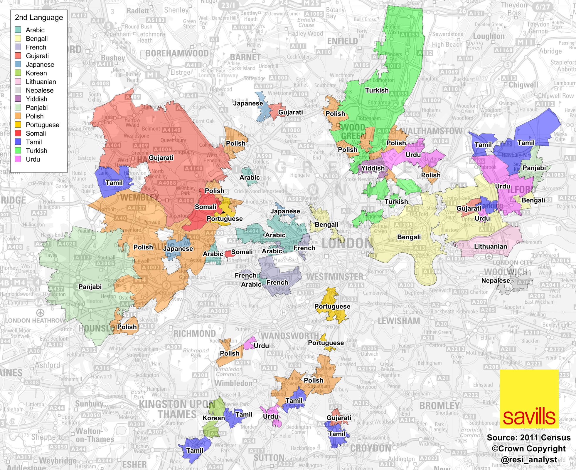 cliquez pour agrandir (source : http://now-here-this.timeout.com/2013/10/29/map-of-second-languages-spoken-in-london/)
