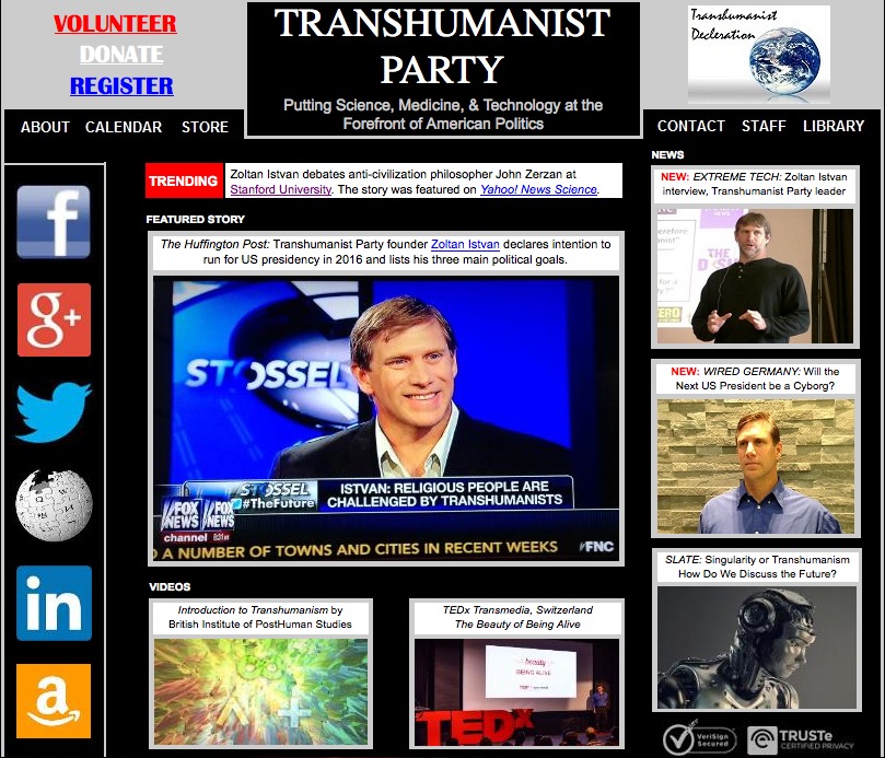 Le site Internet du parti Transhumaniste, aussi rudimentaire qu'emprunt de mégalomanie. (capture d'écran : http://www.transhumanistparty.org/)