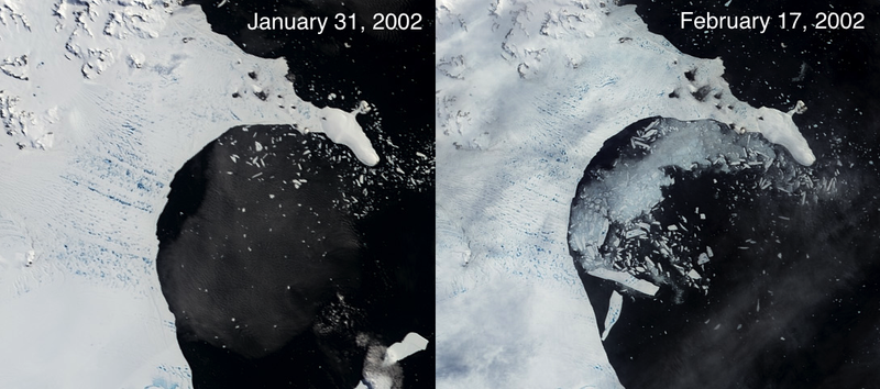 La partie B de la plate-forme Larsen a perdu un morceau de 3850 km2 en un mois en 2002. (photo NASA)