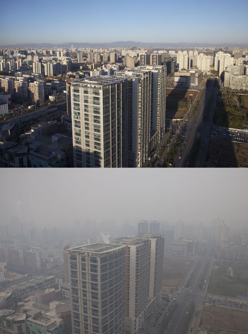 Différence entre un jour "sans pollution" et un jour ou le "smog" engloutit Pékin. (photo flickr/ Peter Barwick)