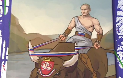 Vladimir Putin chevauche le taureau "Crimée" après l'avoir dompté. 
(capture d'écran http://www.bbc.com)