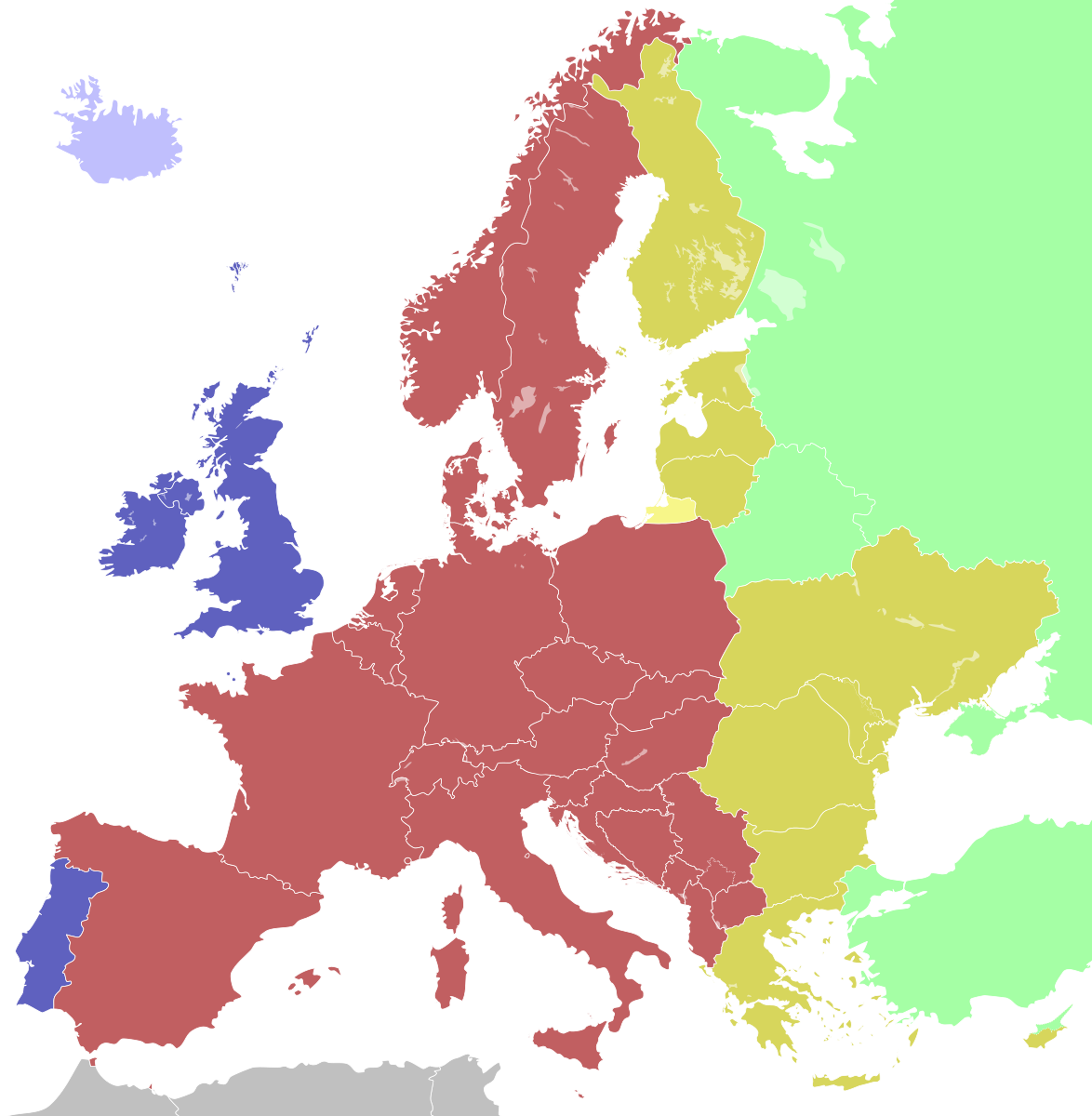 En rouge, les pays alignés sur UTC +1. Cliquez pour agrandir(Source Wikipédia/ maix)