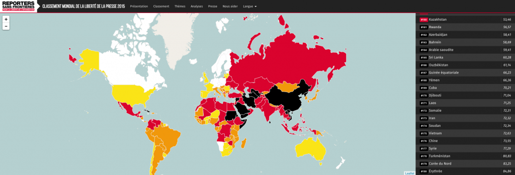 Le classement mondial 2015 de la liberté de la presse édité par Reporters Sans Frontières. (capture RSF)