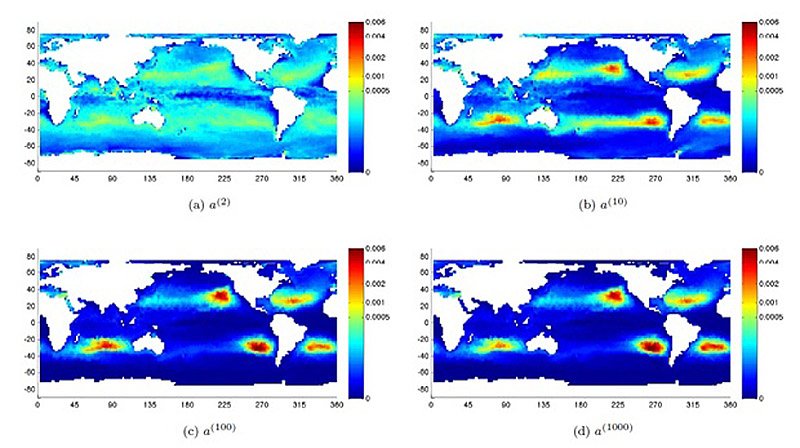 Au fil du temps, la pollution a « migré » pour finalement créer sept gros vortex de déchets (en rouge sur la carte). (Capture d'écran  http://dx.doi.org/10.1063/1.4892530)
