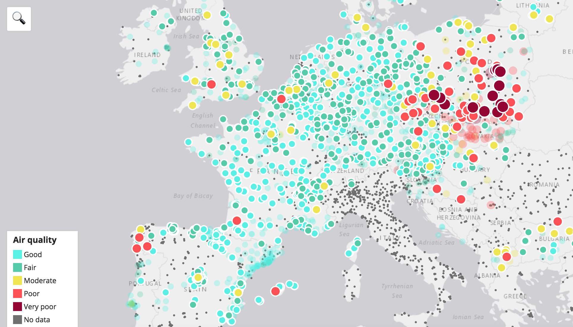 (Capture d'écran  European Air Quality Index/AEE)
