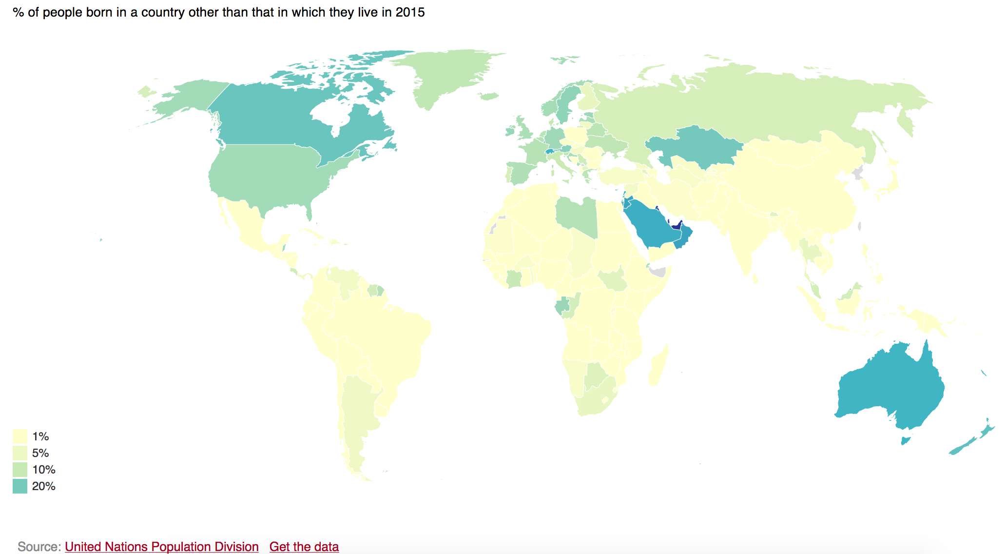 Pourcentage de personnes nées dans un pays autre que celui où elles habitaient en 2015. (Source &SwissInfo.ch avec les données de l' United Nations Population Division)
