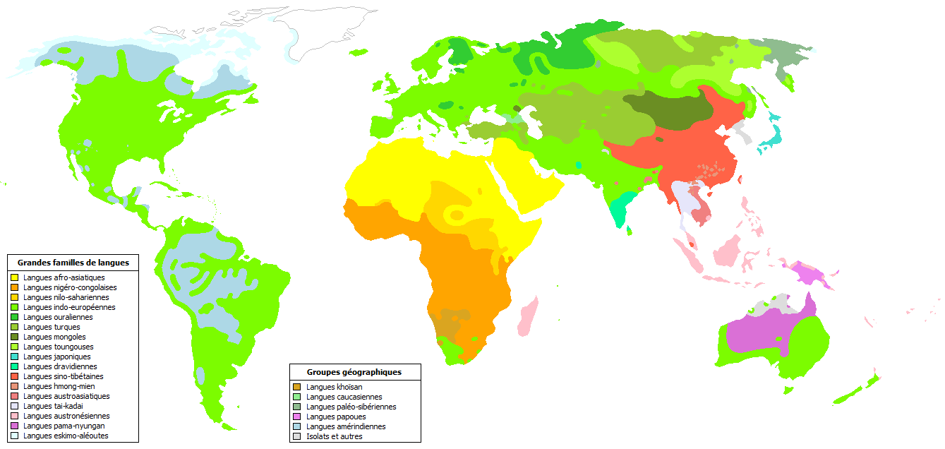 Les Familles de langues du monde.  (Crédit : Aucassin d'après File:Sprachfamilien der Welt (non Altai).png (Own work) [CC BY-SA 4.0], via Wikimedia Commons cliquez pour agrandir